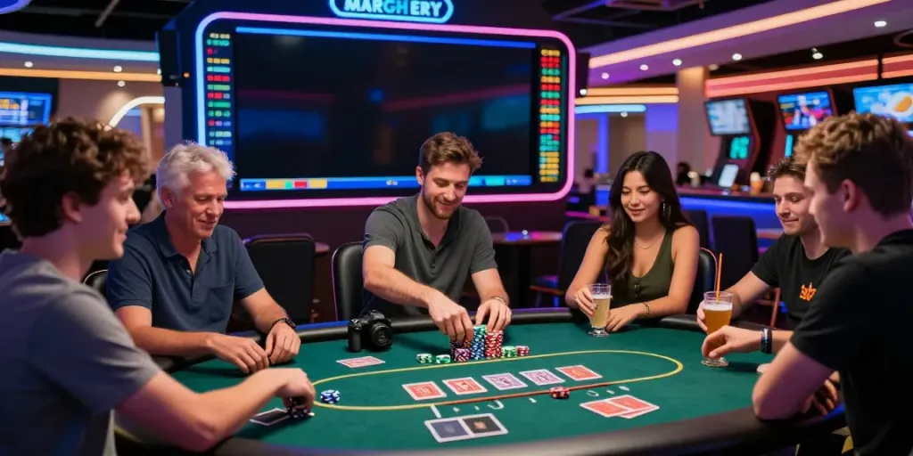 du88 gaming scene with players enjoying poker and roulette in a vibrant casino atmosphere.