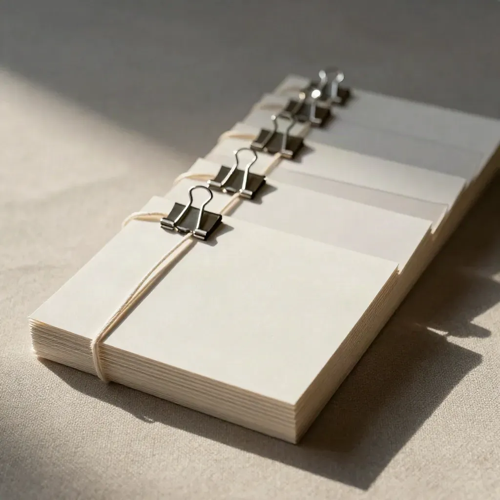 Tarjetas modulares de contenido con clips metálicos y cordel sobre lino, luz rasante suave.