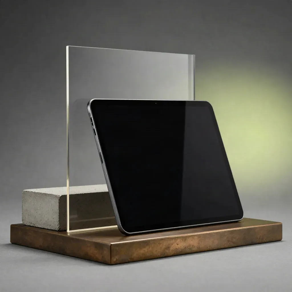 Tablet premium junto a panel wireframe y bloque de hormigón en un set de estudio.