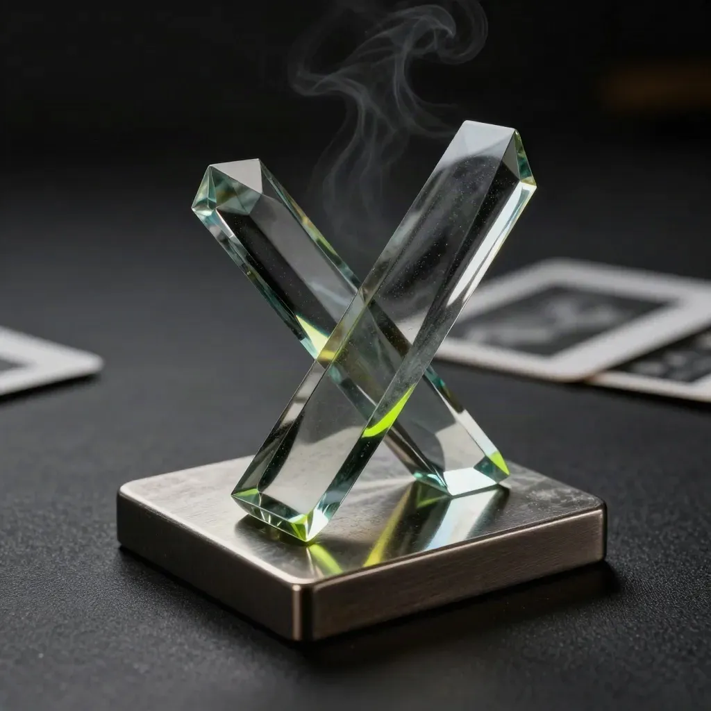 Escultura de vidrio ahumado con prismas diagonales sobre base metálica negra.