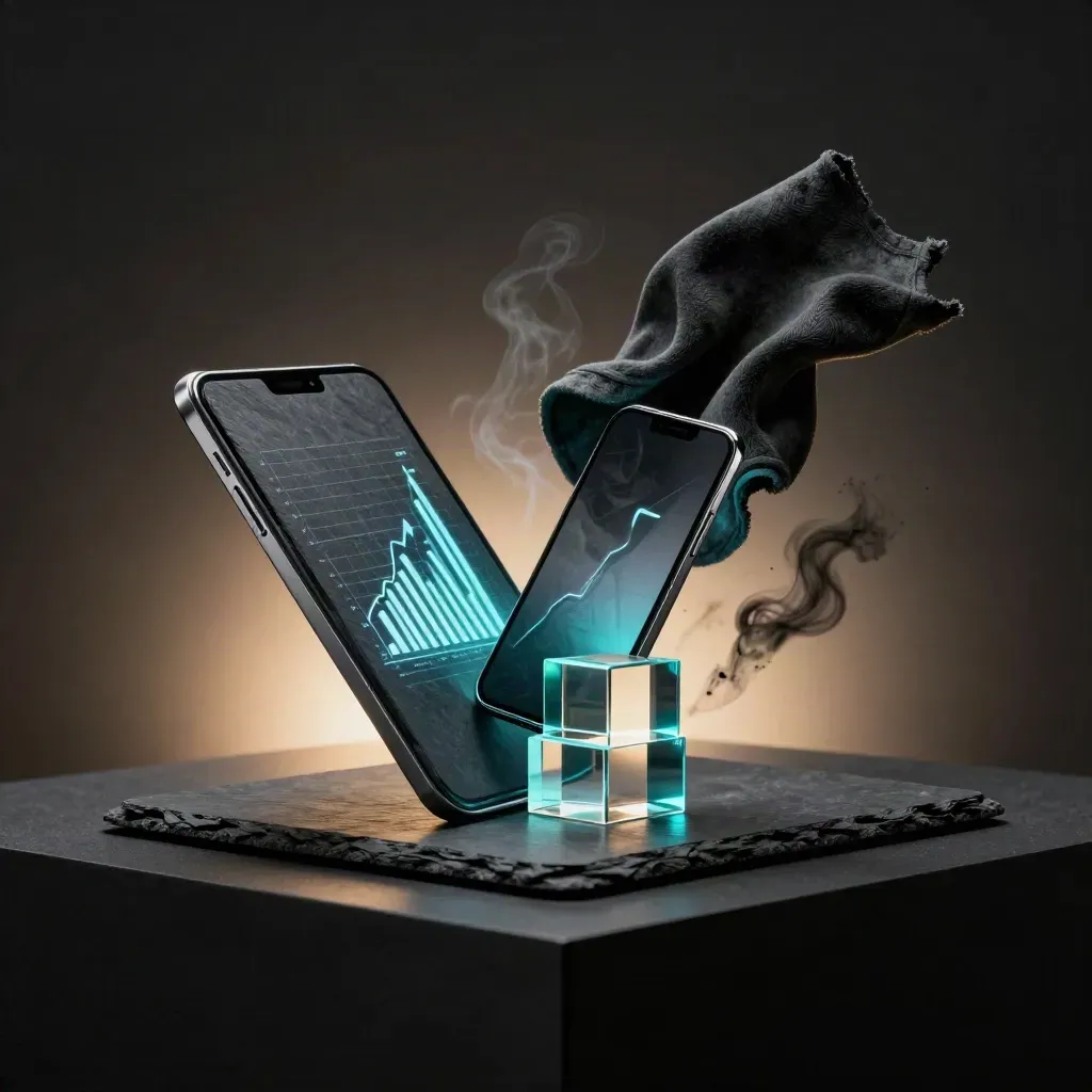 Tablet, bloques acrílicos y paño gris con reflejo cian en un estudio oscuro.