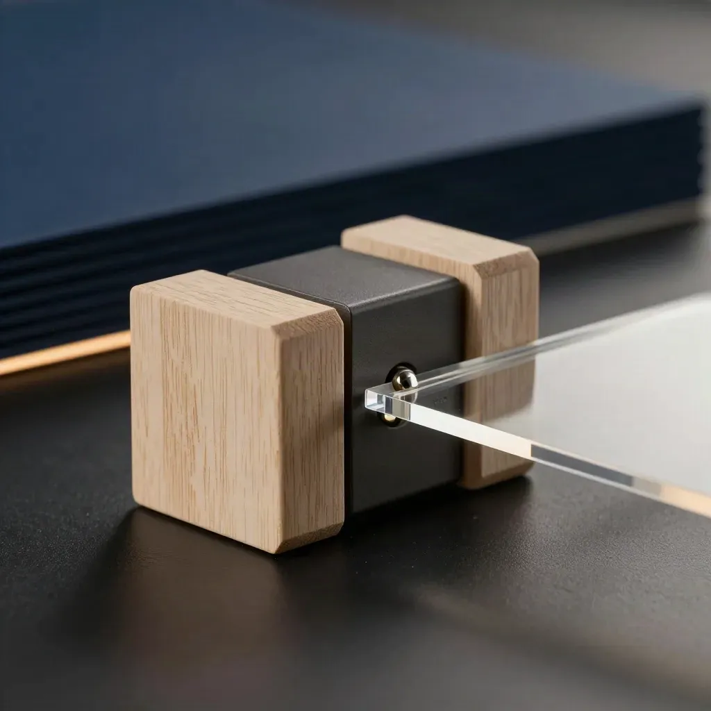 Cuñas de madera y acrílico sobre placa oscura, con luz dramática.