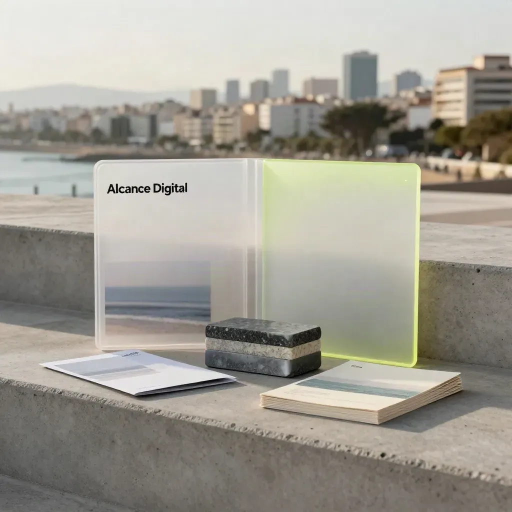 Kit premium de captación local sobre piedra junto al mar, con carpeta clara y panel acrílico.