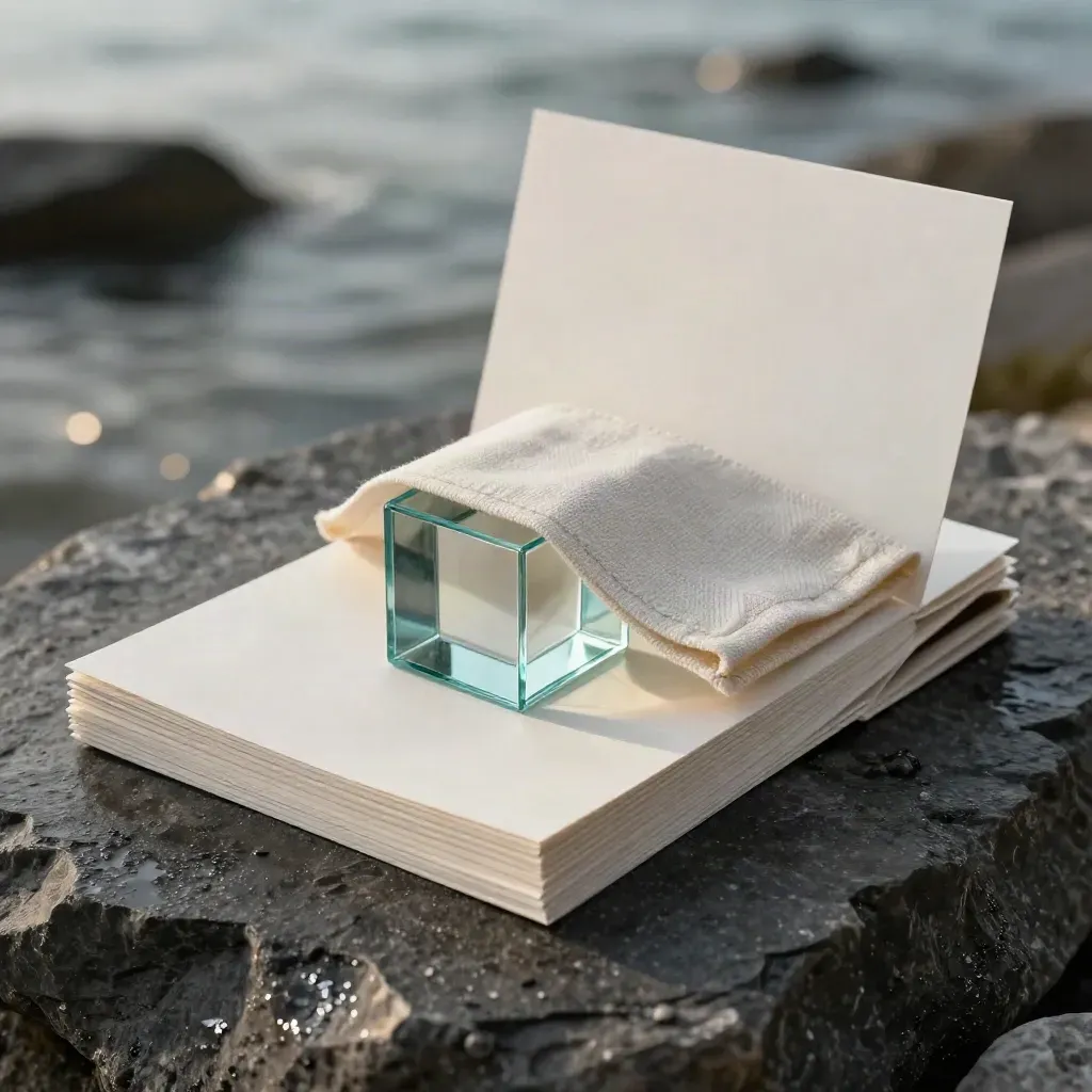 Pack mediterráneo con papel mate, cubo de vidrio y tejido sobre base oscura, con brillo cian.